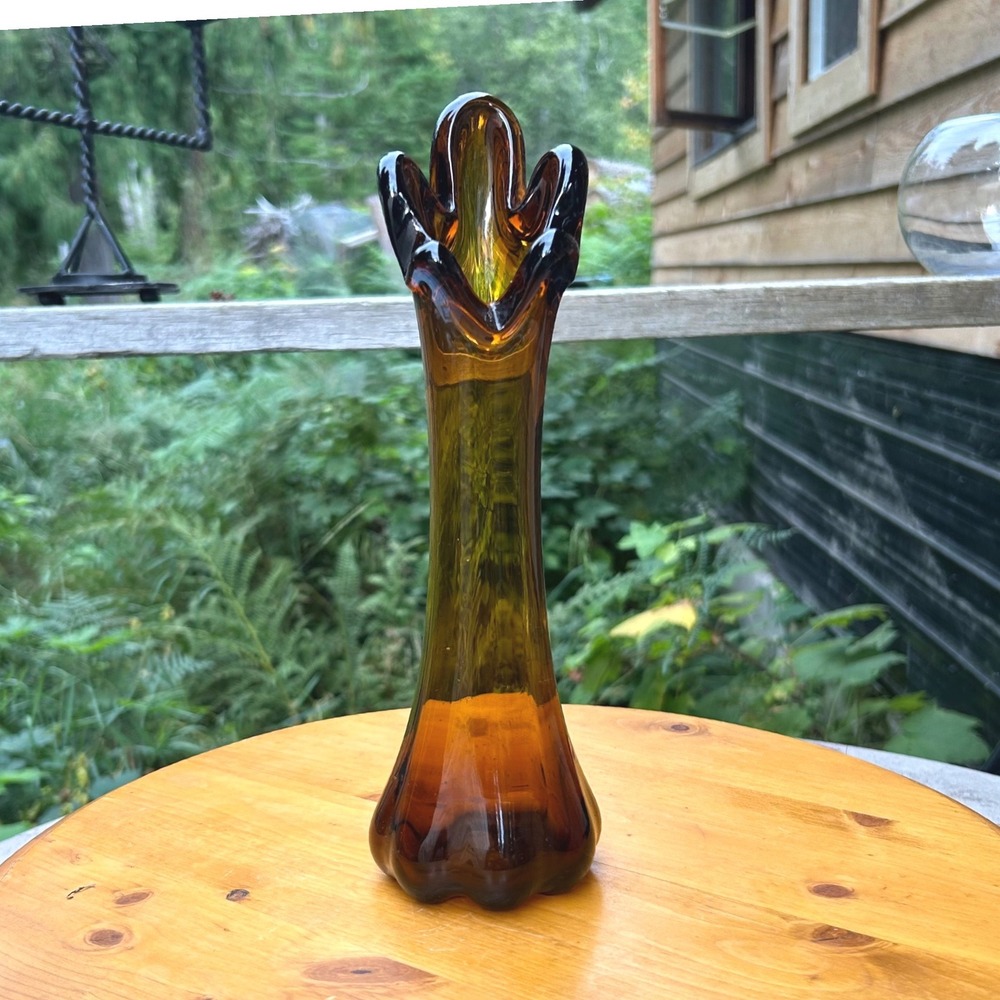 Vintage Swung Glass Bud Vase Amber Mid Century Modern Art Glass 11 Inch MCM